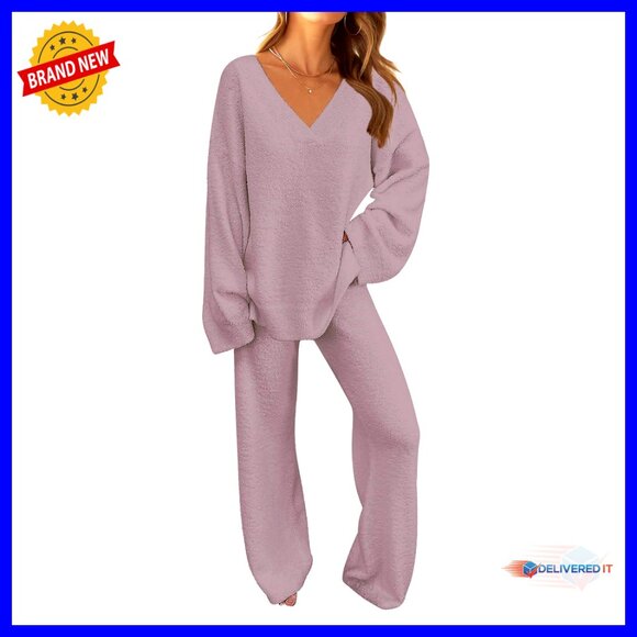Fuzzy Fleece Loungewear Set V-Neck Sweater & Wide-Leg Pants Adjustable